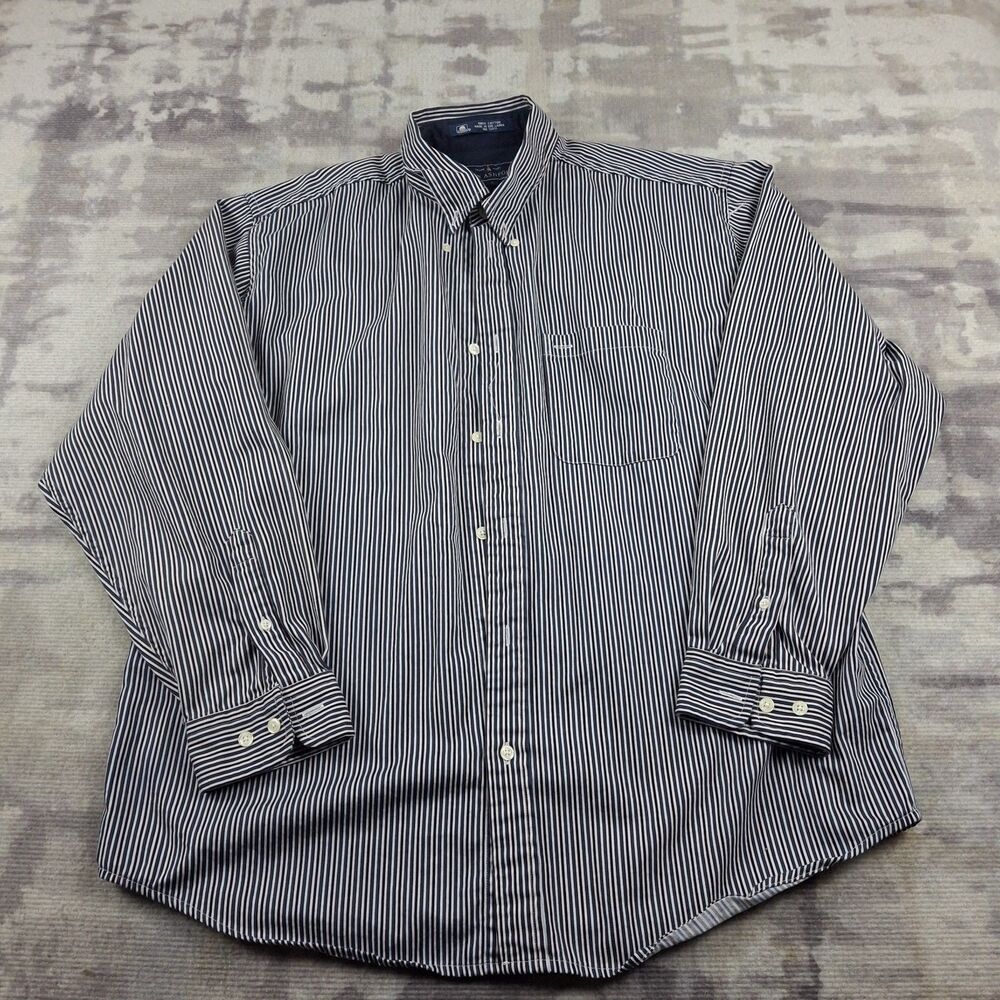 John Ashford Mens Large L 100% Cotton Striped Button Down Shirt Navy White Red